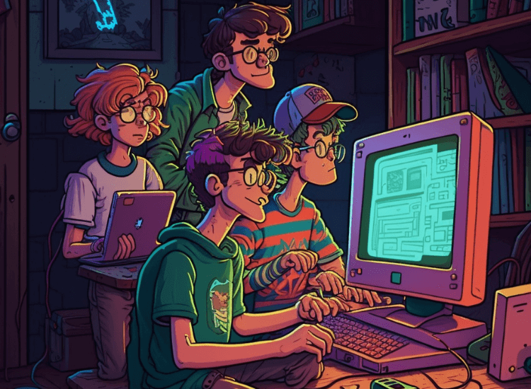 cartoon image of kids around computer screen